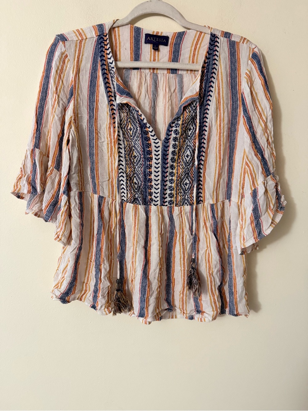 Artesia Striped Embroidered Peasant Blouse in Blue & Tan Stripes, size L